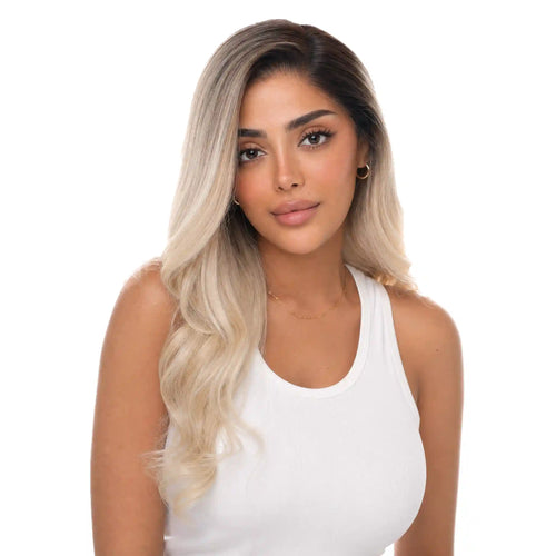 Sophia: 100% Human Hair Blonde Ombre Wig – Dark Roots, Seamless Style